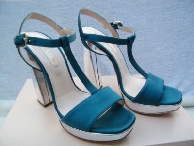 PRADA SHOES SANDALS HEELS platform peep toe t strap blue with