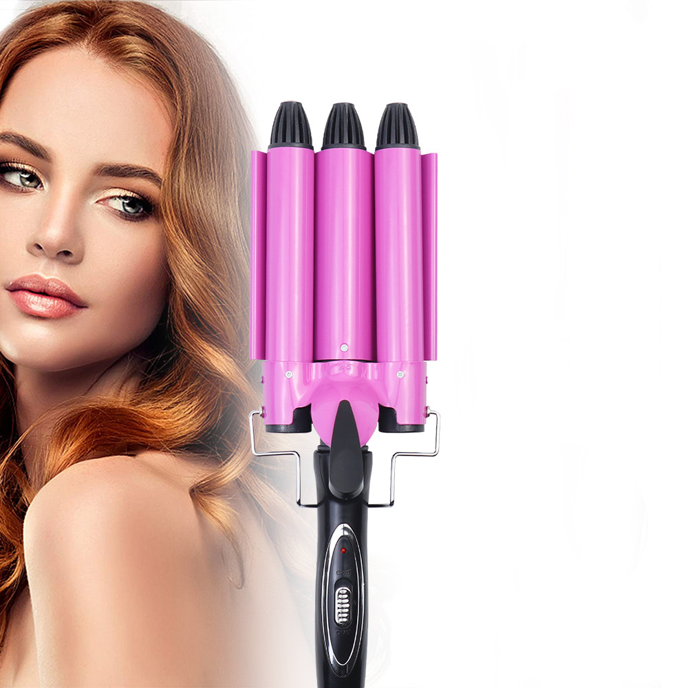 Hair Salon Ceramic 3 Triple Barrel Hair Wave Waver Curling Iron Curler Wand Pink