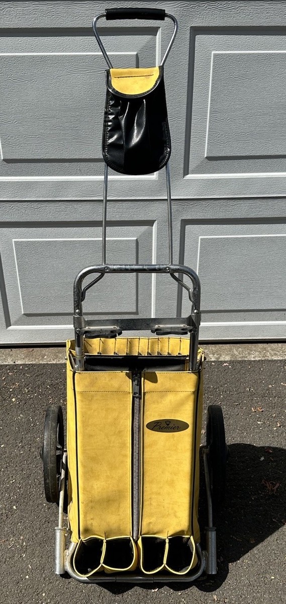 Vintage 1950s Premier Golf Push Cart Bag Combo Pull Cart Yellow