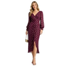 BETSY & ADAM – Deep Plum Metallic Dot Draped Midi Dress | Made in USA | Size 10