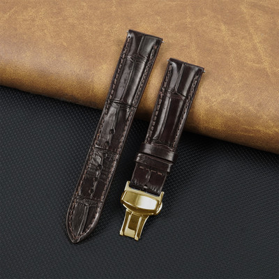 Brown Crocodile Leather Watch Band Gold Deployment Clasp Buckle Watch Strap Men