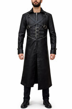 Man's Steampunk Gothic Halloween Wear Cosplay Black Leather Long Trench Coat