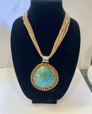 Native American necklace Heishi beads with a large turquoise inlay pendant 24 