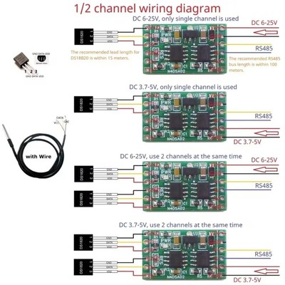 2CH RS485 Modbus -55-125  Temperature Collector DS18B20 Sensors Adapter Board