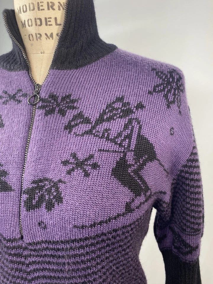 Suéter NILS TALLA GRANDE L púrpura negro esquí copos de nieve cremallera nórdica años 90 Y2K Foto 2 de 4