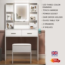 4 Shelves Drawers LED Mirror Makeup Dressing Table Set + Stool + Power Socket
