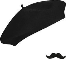 French Beret Hat with Fake Mustache for Women Men Halloween Mime Cosplay