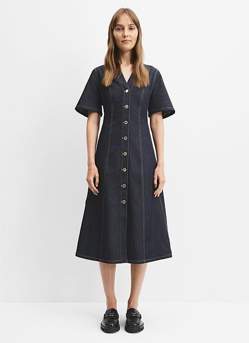 COUNTRY ROAD Dress Panelled Denim Midi - Size 16 - Dark Indigo Blue Short Sleeve