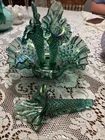 Vtg Fenton teal blue Opalescent 3 Horn Hobnail Epergne Vase