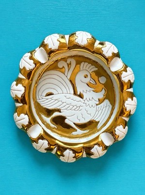 Vintage Italian Ceramic Ashtray Trinket Dish Gold Gilt Phoenix Bird 1801 Italy