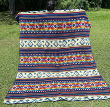 Handcrafted Alpaca Wool Blanket Blue/Red Navajo Queen Reversible Southwestern