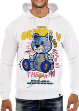 Avenue George V Paris Hoodie Rhinestone Teddy Bear Men's White Long Sleeve M