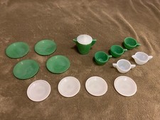 Vintage AKRO AGATE Art Deco Toy Teaset Dishes Green Jadeite  White 15 Pieces