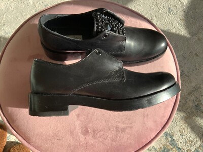 Tosca Blue Italian Leather Black Jewelled Loafers US7
