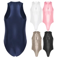 Mens Glossy Sleeveless Bodysuit Swimsuit Zipper Front Athletic Leotard Nightwear