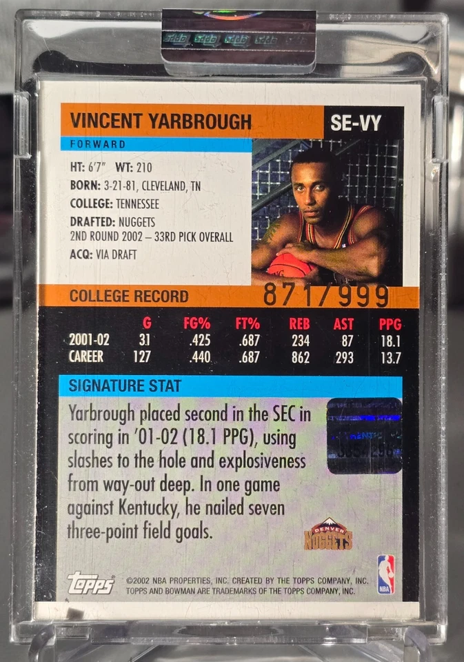 Vincent Yarbrough 2002-03 Bowman Signature #SE-VY Rookie Auto RC /999 - Image 2 of 2