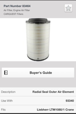 Air Filter Grove Iveco Liebherr Tadano 83464(see Pictures For Fitment)