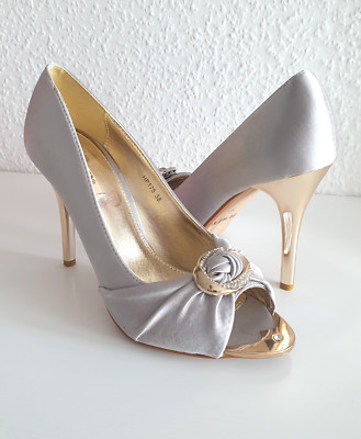 Peeptoes Pumps Satin Silber Gr. 38 Gold Metallabsatz Jumex High Heels