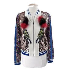 Nylon Colorful Sequined Peacock Embellished Statement Jacket New Years Womens S