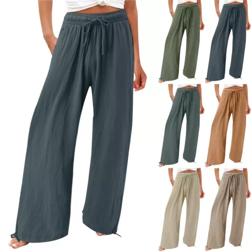 Women Loose High Waist Drawstring Cotton Linen Wide Leg Long Pants With Pockets - Picture 4 of 44