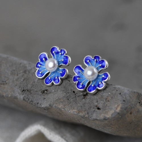 I05 Cloisonne Orecchini Argento 925 Blu Fiore Con Bianca Perla
