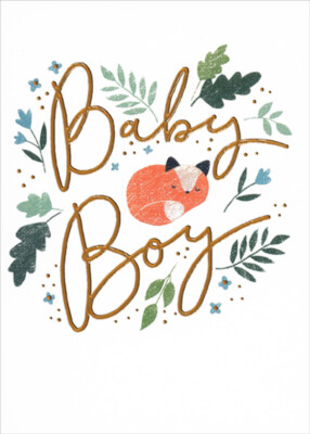 RSVP Baby Boy Fox and Green Leaves New Baby Congratulations Card