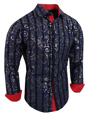 Shiny Floral Shirt Velvet Designer Stripe Italian Men Stretch Slim Fit Button Up