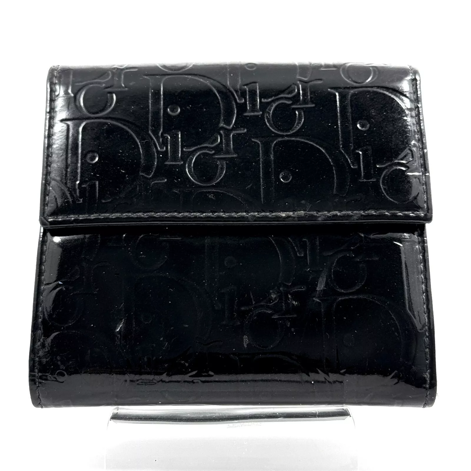 Dior Portefeuille Bifold Trotter Sac à Main Émail Cuir Verni Noir Auth 0548