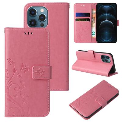Handy Tasche für Apple iPhone 12 Handyhülle Blumen Buch Klapp Case Cover Rosa