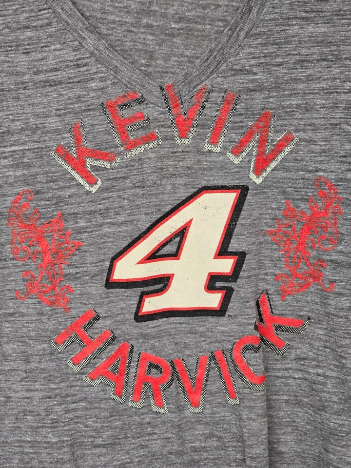 Женская футболка Kevin Harvick No4 с V-образным вырезом гоночная серая красная состаренная графика NASCAR - Изображение 2 из 4