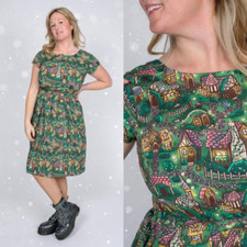 RUN AND FLY Christmas Cosy Cottages Print Stretch Cotton Tea Dress Pockets 8-26