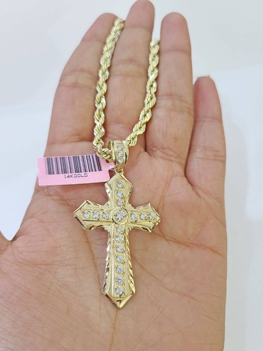 14k Yellow Gold Rope Chain Cross Pendant Charm SET 4mm 22 Inch