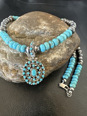 Zuni Blue Kingman Turquoise Cluster Pendant Sterling Silver Necklace 21'' 18381
