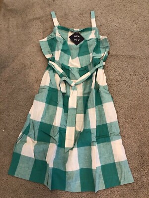 Ava & Viv Women's Linen Plus Size Green Teal Gingham Tank Midi Dress w/  Belt x | eBay