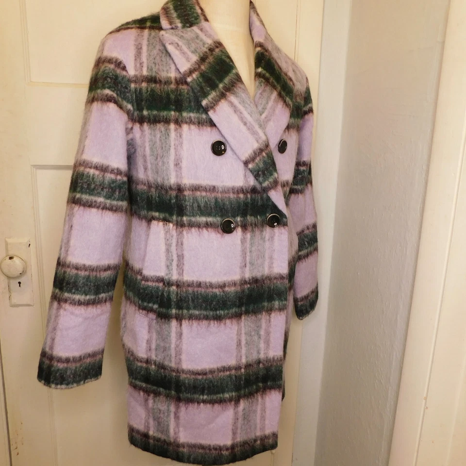 HALOGEN Womens Sz M Wool Blend Brushed Plaid Purple Double Breasted Coat - Image 2 of 4