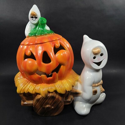 Vintage Halloween Ghost Light Jack o Lantern Greenview Mold Ceramic Hand painted