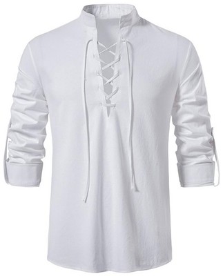 Herren Leinenhemd Vintage Mittelalter Hemd mit Schnürung Wikinger Hemd Langar...