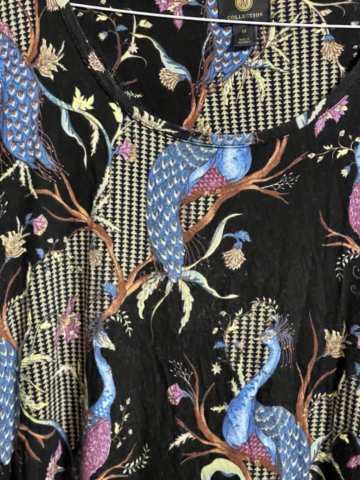 JM Collection Deep Black Flamingo  Stretchy Top 3/4 Sleeve    Plus Size 1X - Image 3 of 4