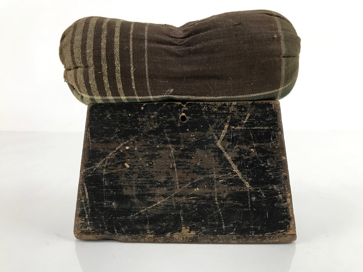 Antique Japanese Lacquered Wood Fabric Takamakura Neck Pillow