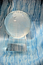 VTG Spinning Glass Etched Frosted Clear Earth Globe World Pedestal / Paperweigh