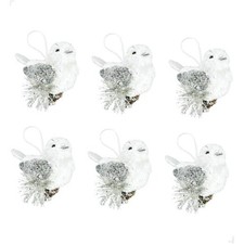 Nature Vibe Faux Fur White Silver Ornaments, Set of 6 Bird Ornament-Set of 6