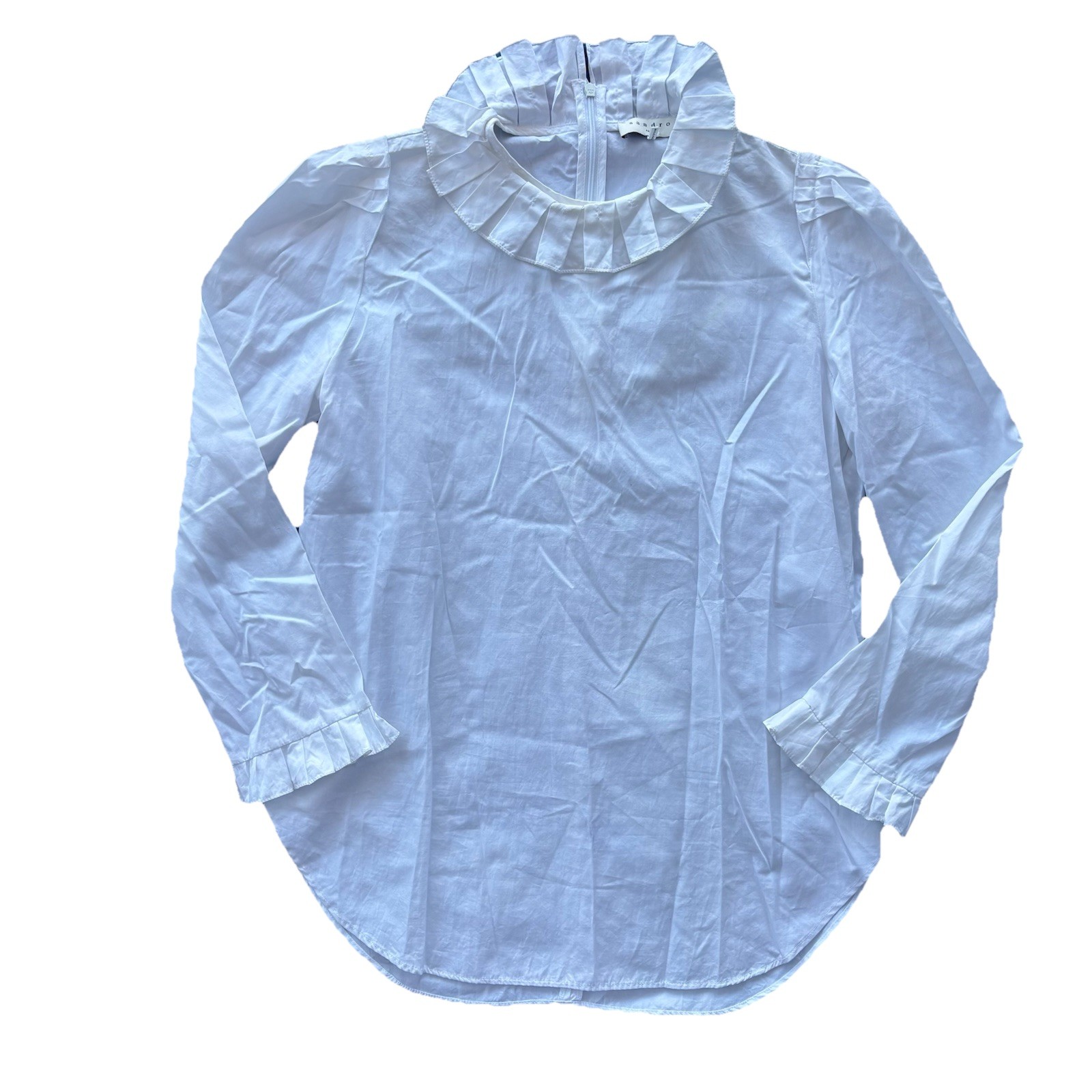 Sandro Paris Women’s White Blouse Top Shirt Cotton Blue Yellow Ruffles Size 2
