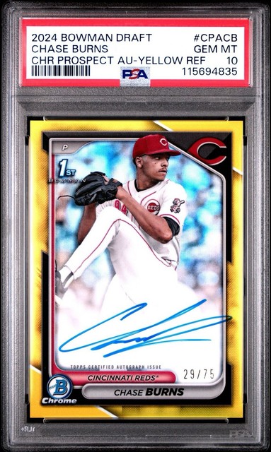 2024 Bowman Draft Chrome Chase Burns Yellow Refractor Auto /75 PSA Gem Mint 10
