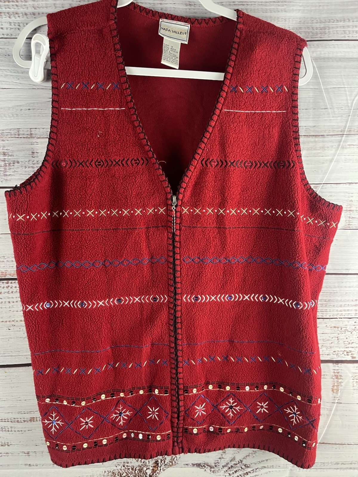 NAPA VALLEY Christmas Vest Women’s Large Red Cotton Blend Holiday Embroidered