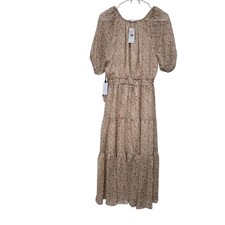 ASTR The Label Floral Metallic Pinstripe Tiered Midi Dress Pink Green Gold M