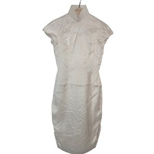 Cream Silk Cheongsam Qipao Dress Mandarin Collar Cap Sleeve Midi Women's S