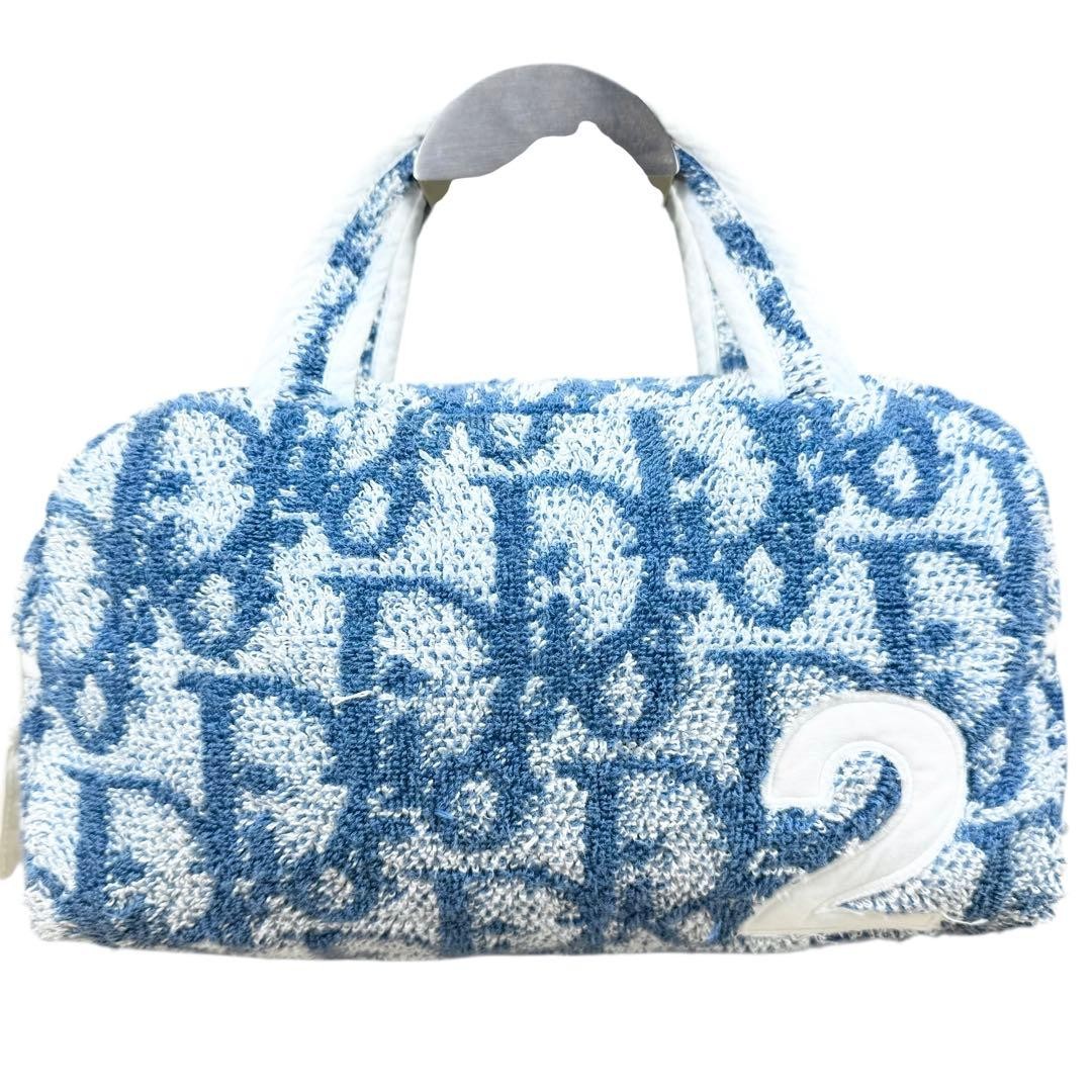 Christian Dior Mini Boston Bag Cotton White Blue Trotter Terry Women's Authentic thumbnail 2