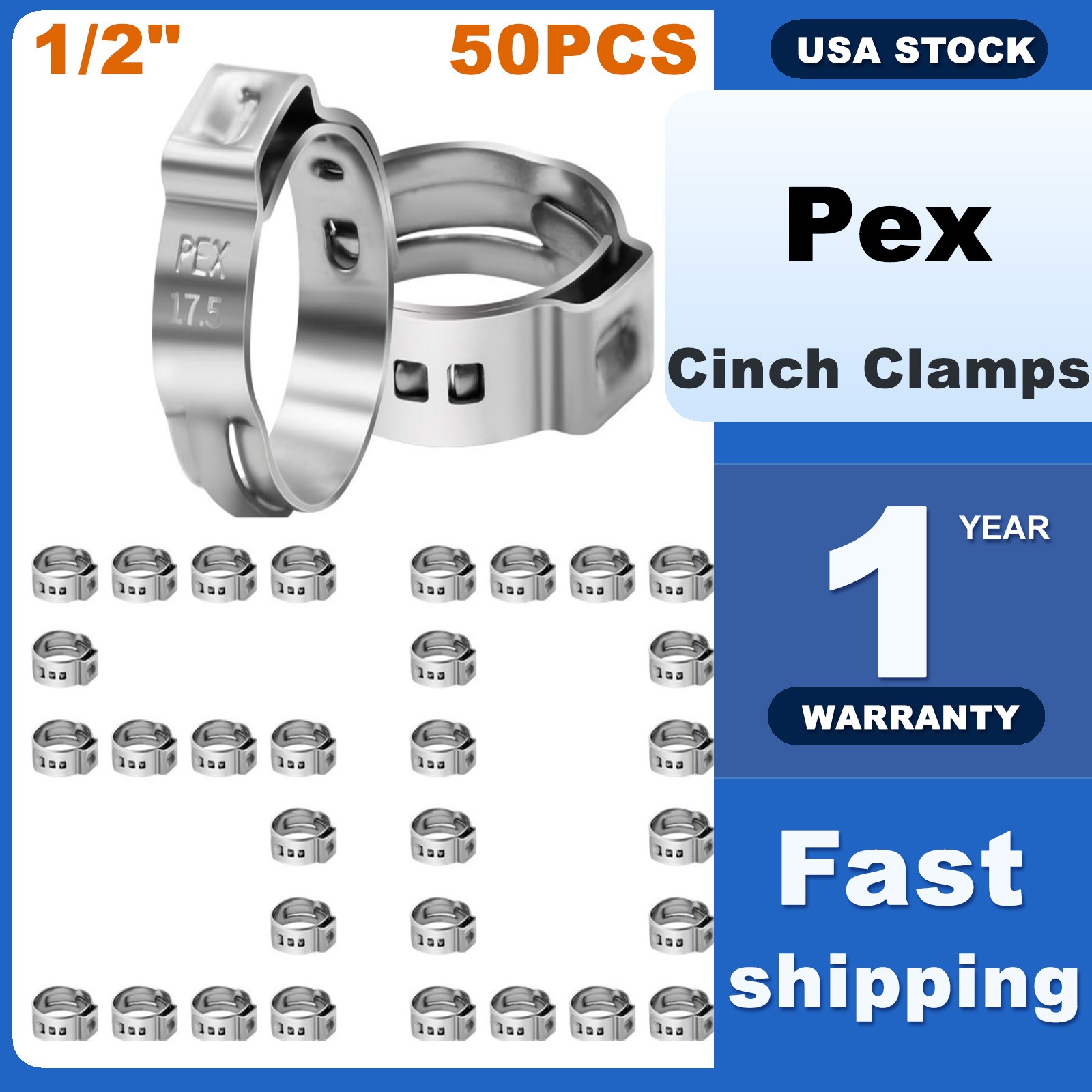 1/2 PEX Crimp Clamp Rings 50 Pack 304 Stainless Steel Plumbing Tool Pipe Fitting