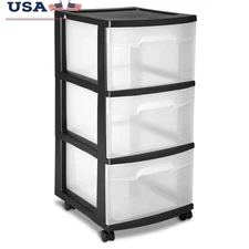 3 Drawer Plastic Storage Cart with Clear Drawers Rolling Organizer Bedroom Kitch