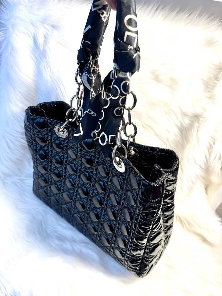 Christian Dior Cannage Quilted Black Patent Leather Shopping Tote Bag - Image 3 of 4